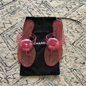 Chanel Pink Glitter CC Camelia Thong Flip Flops 40